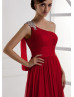 One Shoulder Beaded Red Chiffon Sexy Evening Dress